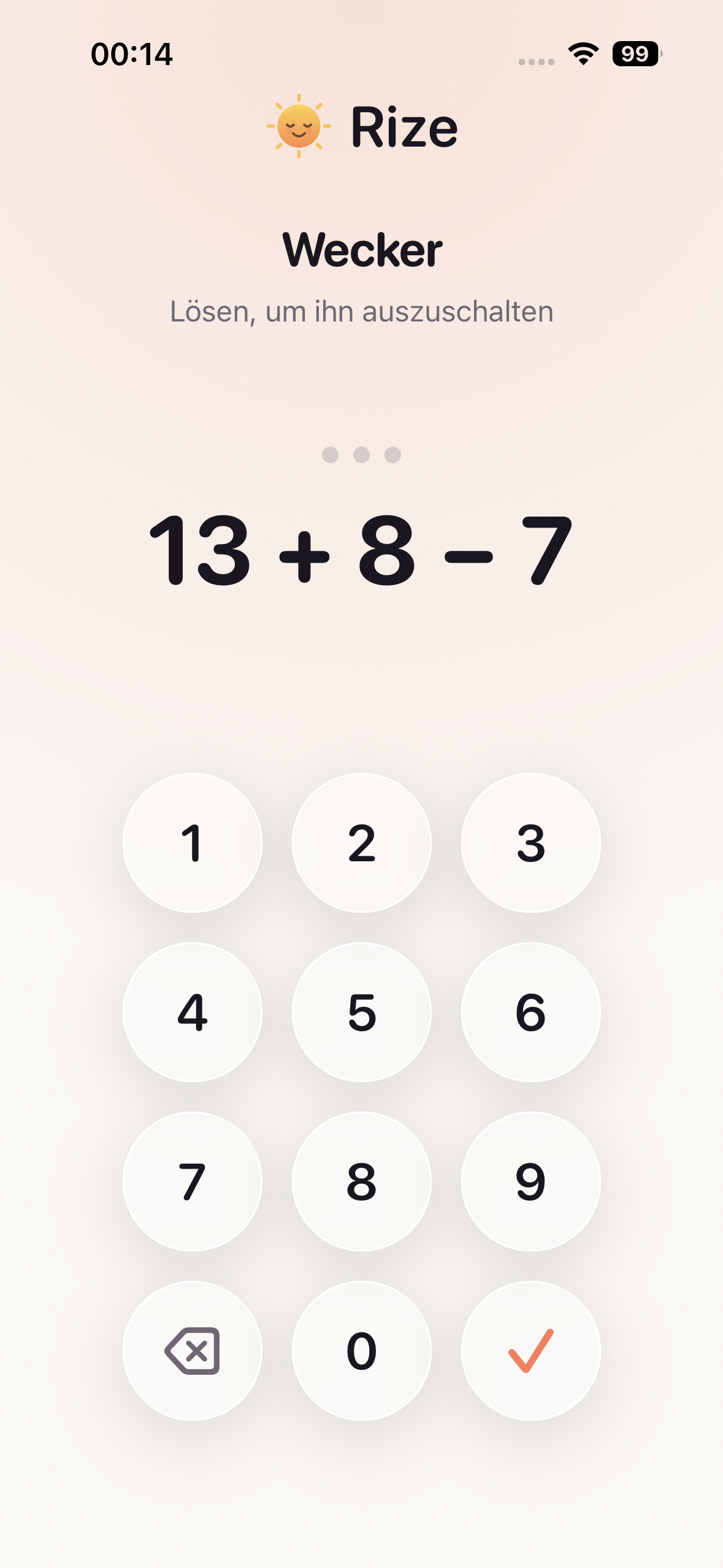 Rize’s math wake-up challenge, shown in German, with three questions and a number pad.