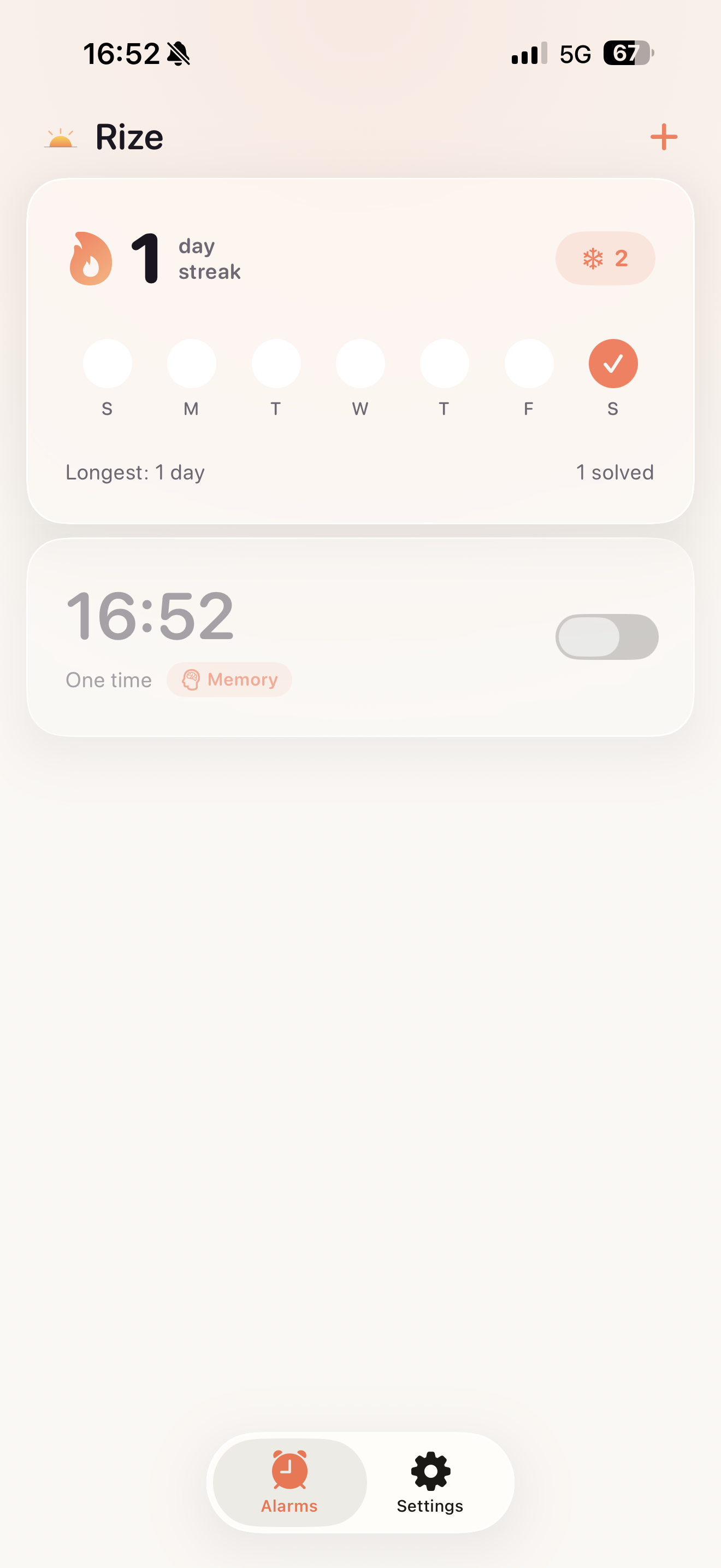 Rize streak card showing a completed day, a week of progress, and two streak freezes.